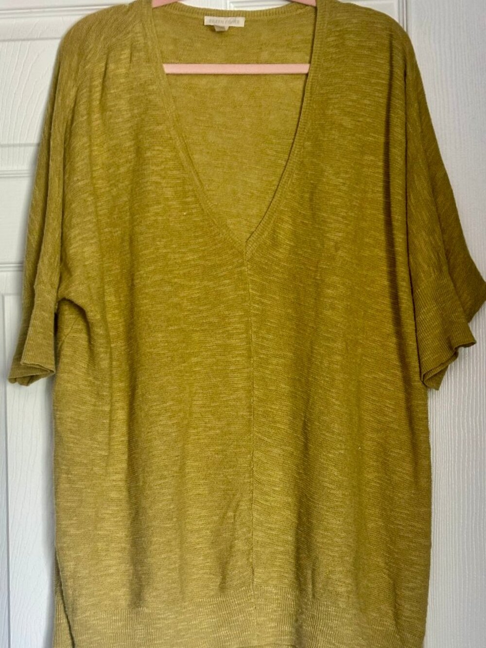 Eileen Fisher V-Neck Slouchy Short Sleeve Linen Mustard Sweater -  Size XL